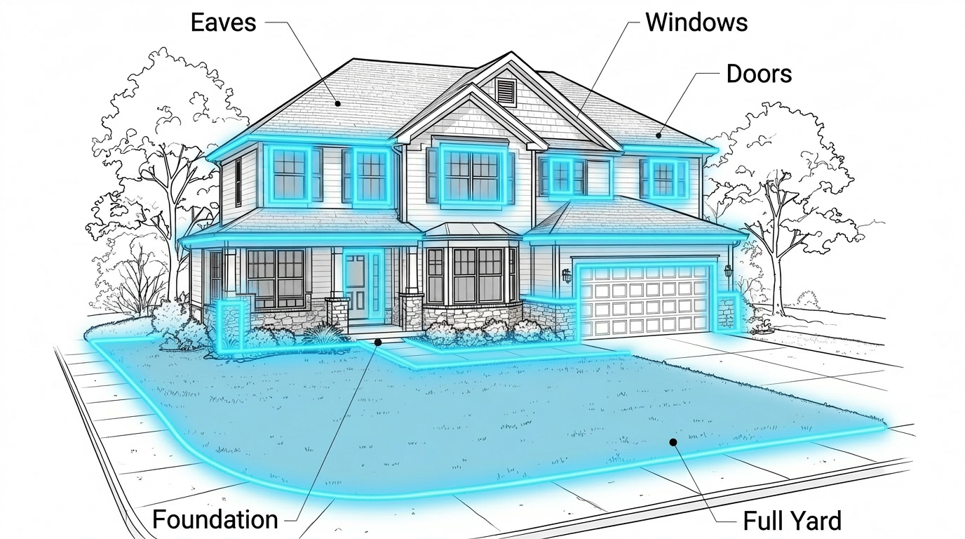 Diagram showing Salt Pest Control treatment areas around a home